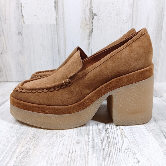 New Marc Fisher Lina Cognac Suede Heeled Chunky Platform Loafers #11 - Picture 1 of 10
